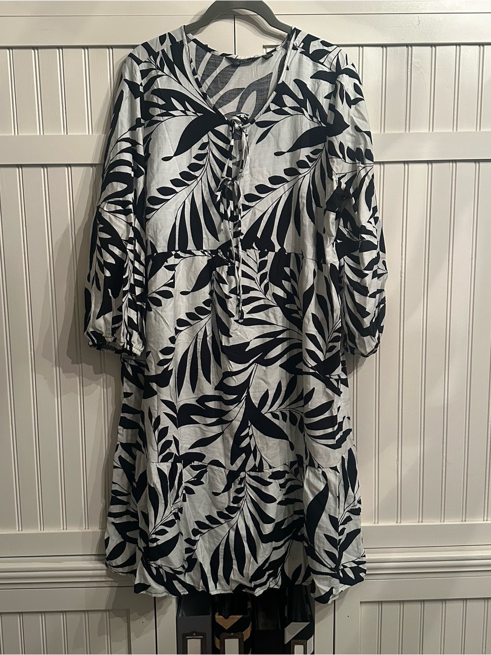 Mlle Gabrielle Black and White Leaf-Print Midi Dress